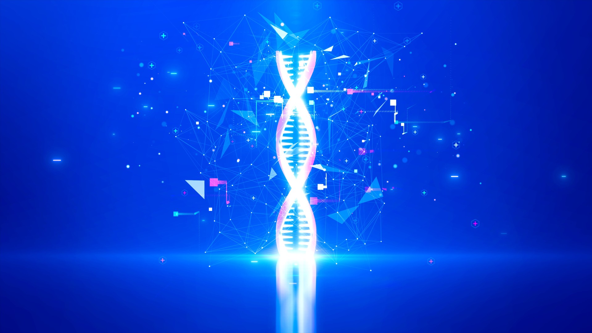 A bright, glowing DNA helix set against a deep blue digital background, surrounded by geometric shapes and abstract data points, symbolizing genetics and modern technology.
